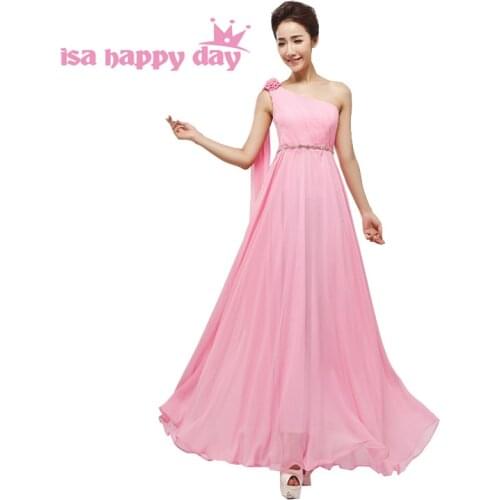 Cheap light pink vestido de festa girl sexy bridesmaid one shoulder bridesmaids long dresses floor length dress gown H1796