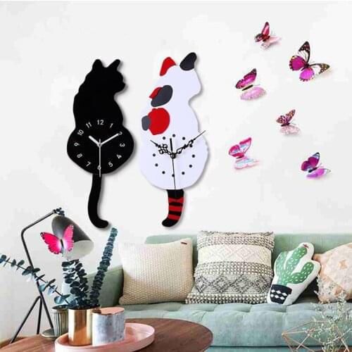 Home Decor Acrylic Quartz Clock Cartoon Creative Wall Clock Nordic Style Swing Tail Cat Clock metal wall decorations livingroom