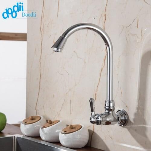 Doodii 360 Degree Rotatable Faucet High Quality Chrome Finish Single Handle Kitchen Faucet Wall Mounted Cold Water Brass Faucet