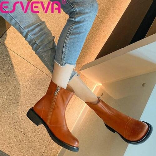 ESVEVA 2022 Retro All Match Genuine Leather Low Heel Round Toe Ankle Boots Women Shoes Size 34-39
