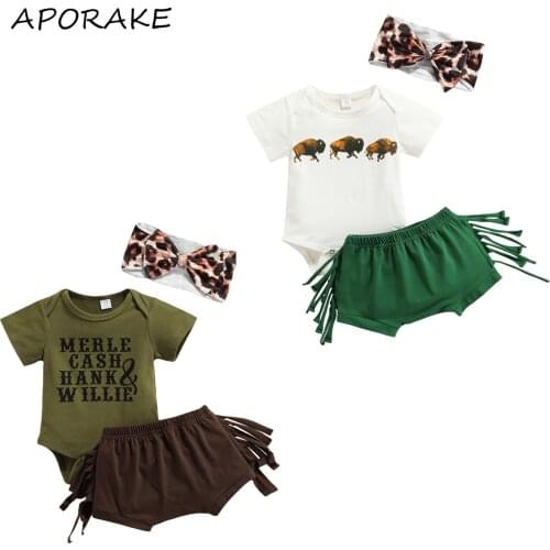 2021 0-18M Baby Girl Clothing Set Animal/Letter Print Short Sleeve Romper+Tassels Solid Shorts+Headband Summer Cute 3pcs Outfits