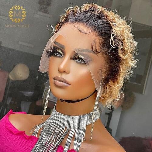 Short Bob Wig Curly Honey Blonde Lace Front Wigs Ombre Deep Curly Human Hair Wig Pixie Cut Transparent Lace Wigs Pre Plucked