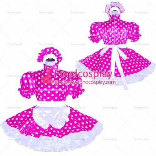 Fondcosplay adult sexy cross dressing sissy maid short French Lockable hot pink dots satin Dress Costume Tailor-made[G4045]