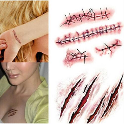 Body Makeup Tattoo Stickers Halloween Terror Realistic Stitched Injuries Wounds Non-toxic Long Lasting Temporary Tattoo Stickers