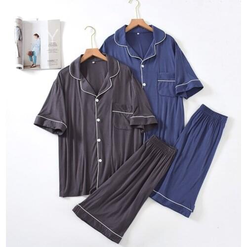 Mens Summer Modal Short-sleeved Shorts Thin Cardigan Home Service Conjuntos De Pijama Large Size Loose 2-piece Pajamas
