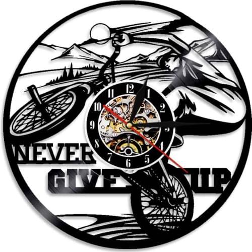 Never Give Up Cyclist Motivational Quote Vinyl Record Wall Clock Bicycle Sports Home Decor Gramophone Music Record Clock Watch