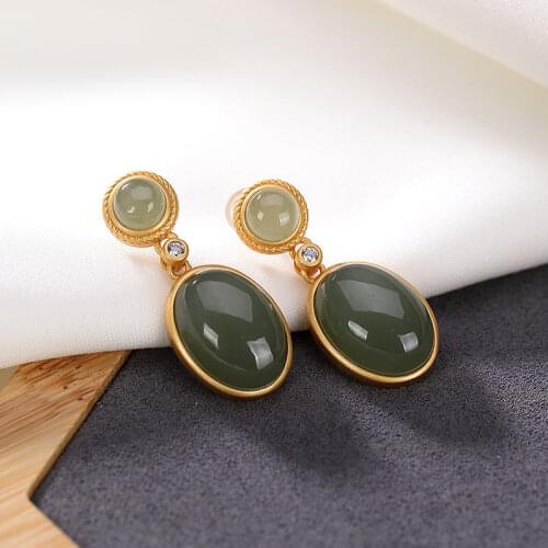 Original S925 Sterling Silver Golden Hetian Jade Gray Jade Personality Fashion Ancient Style Lady Temperament Ear Stud Earring E