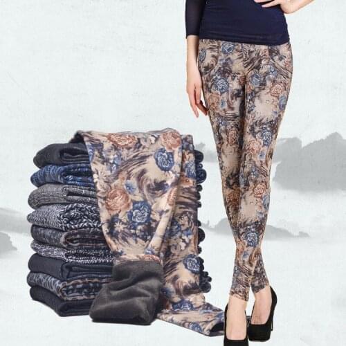 Autumn Winter Style Plus Velvet Warm leggings Women Plus size Printing Flowers thick womens pants Black Casual Women Leggings