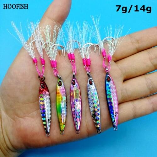 HOOFISH 10PCS/LOT Micro Jigging Metal Jig Lure Hard Bait 7g/10g/14g/21gDouble Single Hook Artificial Lures Jigbait FishingTackle