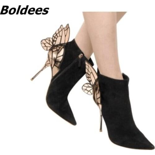 Glamorous Black Suede Thin High Heels Butterfly Short Boots Classy Women Pointed Toe Stiletto Heel Ankle Boots Trendy Shoes