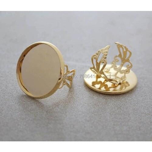Blank Open Ring Settings with Round Smooth Bezel Resin Cabochons Bases Filigree Flower Rings DIY Findings Golden tone Plated