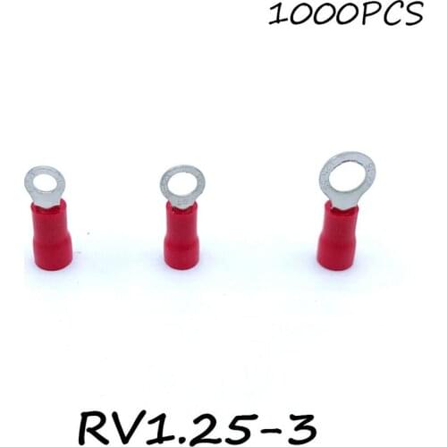 Ring Insulated Connector Terminal Block 1000PCS RV1.25-3 Red Cable Wire Electrical Crimp Terminator A.W.G 22-16 Cap