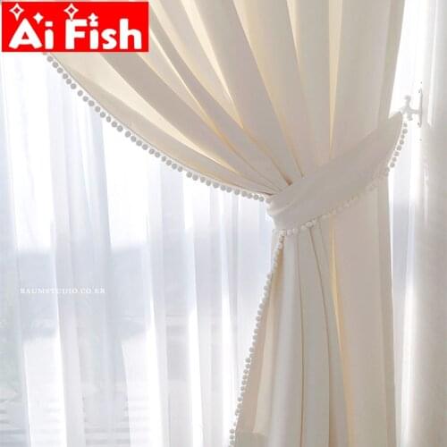Modern Nordic Beige Solid with White Ball Lace Drapes Cotton and Linen Bedroom Opaque Window Curtains Fitting Room Door Curtains