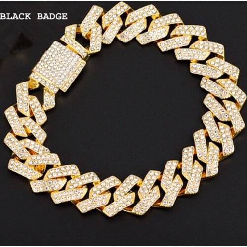 Iced Out Bracelet Hip Hop Crystal Rhinestone Bracelet Miami Cuban Chain Gold Silver Color Bling Bracelet or Men Women 14mm