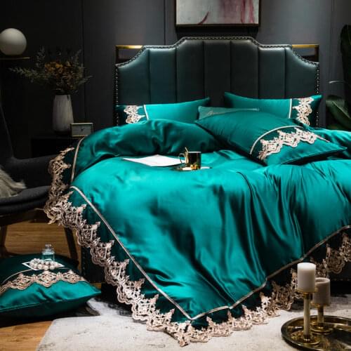 Dark Green Washed Silk Satin Lace Embroidery Smooth Soft Bedding Set Duvet Cover Bed Sheet Bedspread Pillowcases King Queen