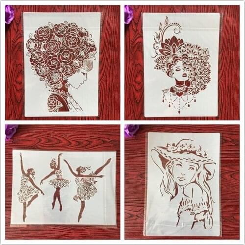 4pcs / set A4 Beauty girl Stencils Painting Coloring Embossing Scrapbook Album Decorative Template for walls stencil plastic