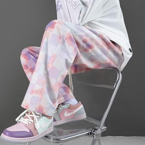 Streetwear casual mens pants grid printing cotton sweatpants spring autumn trousers womens pants