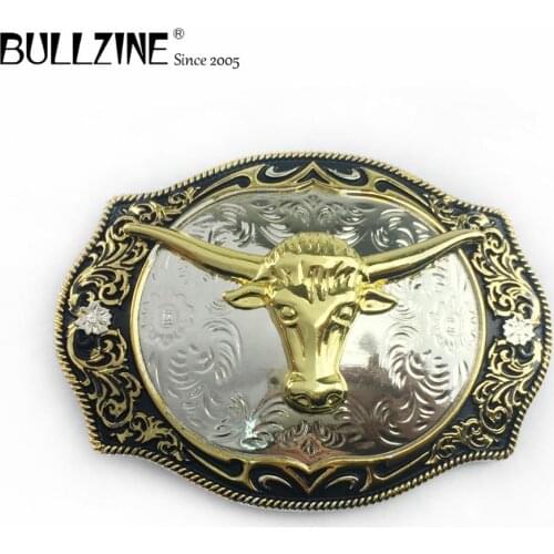The Bullzine bull head belt buckle with silver and gold finish FP-03656 for 4cm width snap on belt