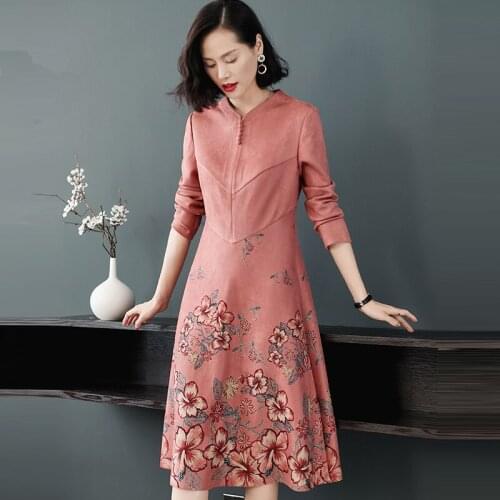 Spring Fall Vintage Woman Female Floral Printed Long Sleeve Suede Dress , Casual Autumn Womens Flower Pattern 4xl Dresses