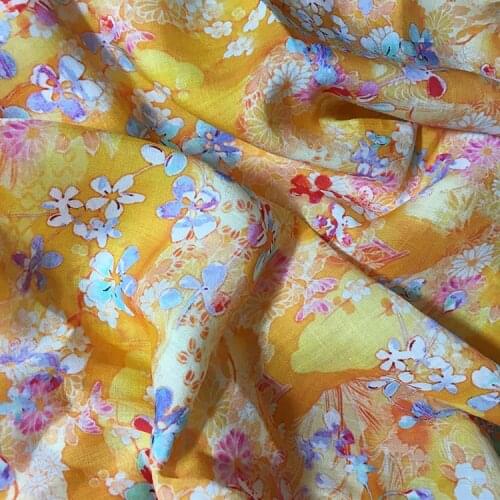 High Quality Natural Ramie fabric Yellow digital printing tissu Fashion Summer Gown Cheongsam Dress patchwork