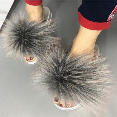 2020 Women Real Fox Fur Flip-Flops New Silver Flat Bottom Raccoon Fur Slippers Female Fluffy Slides Ladies Indoor Non-Slip Shoes