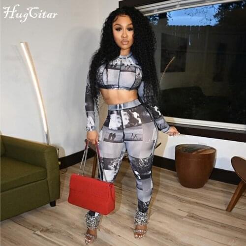 Hugcitar 2020 Long Sleeve Turtleneck Vintage Print Tshirt Top Leggings 2 Pieces Set Autumn Winter Women Sexy Streetwear Tracksui