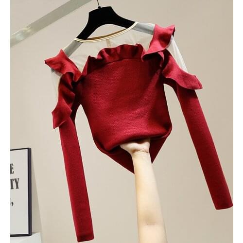 Womens Sweater Fashion Mesh Stitching Pleated Ruffles Perspective Slim-Fit Long Sleeve Knitwear Ladies Slim Fit Sweaters Jumper