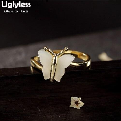 Uglyless 100% Real 925 Sterling Silver Butterfly Rings for Women Natural Jade Butterfly Open Ring Handmade Insect Fine Jewelry