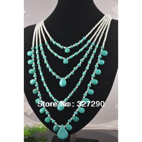 Womens Fashion 5 Rows Natural Howlite Necklace Teardrop Faceted Crystal Bead Work Necklace