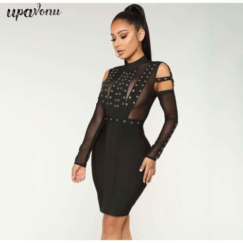 Free Shipping Rayon Bandage Dress Women Sexy Stand Collar Long Sleeve Eyelet Mesh Stitching Bodycon Dress 2020 Club Party Dress