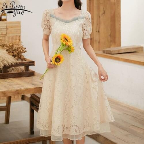 2021 Chic New Summer Dress Women French Vintage Lace Square Collar Dress for Women Elegant Chiffon Fashion Dress Vestidos 13972