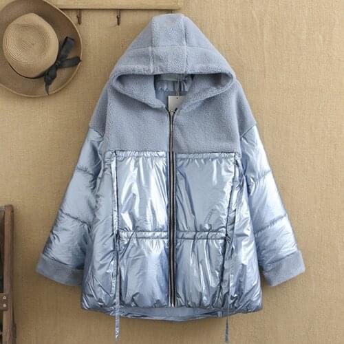 Plus size winter womens cotton coat coat, hooded plush imitation leather patchwork jacket, in the middle of a cotton thickening