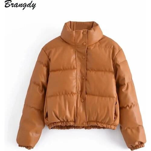 Winter Women Jacket PU Parkas Za 2020 Artificial Coat Warm Cropped Thick Puffer Femme Leather Jackets Black Quilted Overcoat Trf