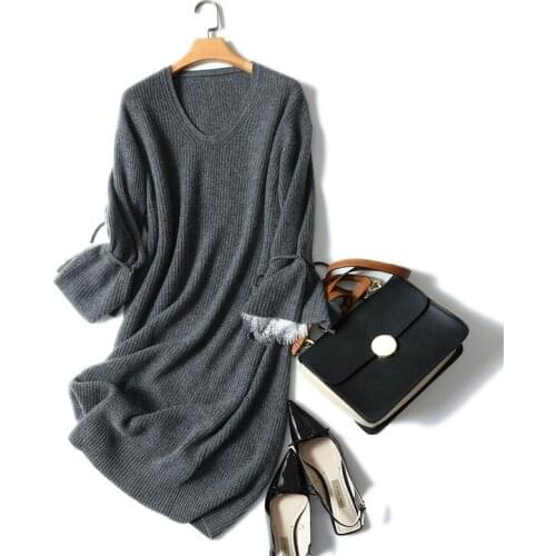 100% cashmere v neck dress long womens casual lace designs elegant knit dress pullover
