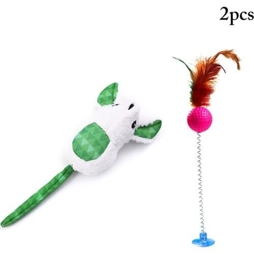 2PCS Random Color Cat Wand Toy Faux Feather Suction Cup Spring Cat Teaser with Mouse Catnip Toy Cat Funny Favor Toy
