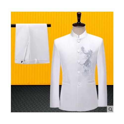 Blazer men groom suit set with pants mens Chinese tunic suit costume singer stage clothing white stand collar formal dress B583