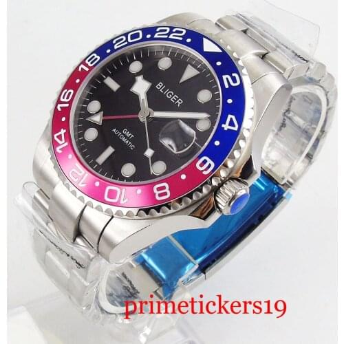 Bliger 40mm black dial date sapphire glass GMT blue and res bezel automatic movement wristwatch