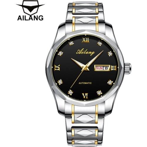 AILANG Automatic Mechanical Mens Watch Luminous Waterproof Business Watch Calendar Week Stainless Steel Black Dial Watch 202