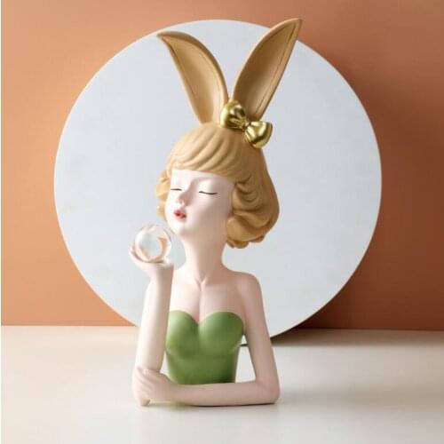 European Cute Resin Holding Crystal Ball Bunny Girl Decoration Office Table Sculpture Home Livingroom Desktop Ornaments Crafts