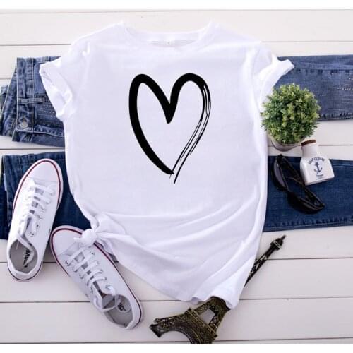 100% Cotton Summer New Heart Womens T-shirt O-Neck Short Sleeve Harajuku Top Casual Female T shirt Oversized Size S-XL