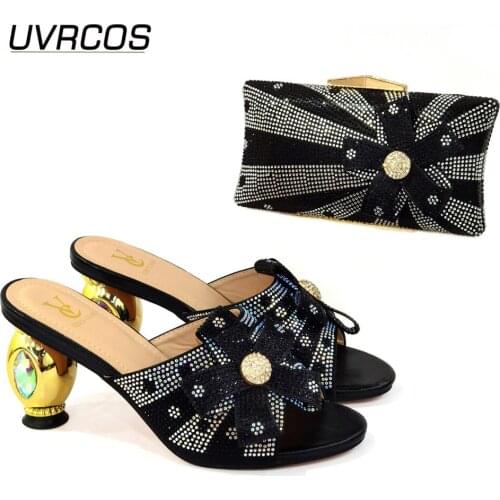 Italian Design Refreshing Lemon Black Shoes And Bag Set African Good Materials High Heels 8CM Shoes And Bag Set For Party