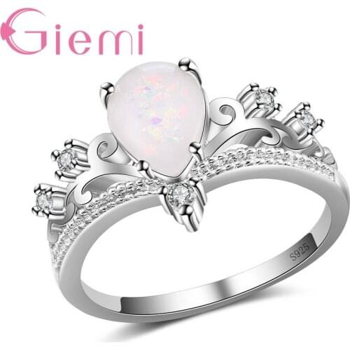 Classic Crown Shape Women Female Party Wedding Jewelry With Fine Water Drop Opal 925 Sterling Silver Geometric Ring