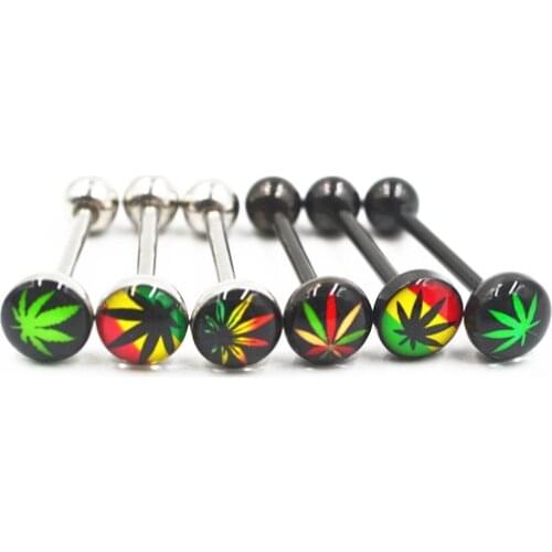 Free Shipping 50pcs Body Jewelry Piercing Pot Leaf Weed Tongue Ring Barbells Nipple Bar 14G~1.6mmx16mmx6mm Mix Nice Colors