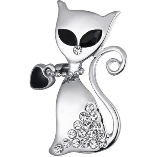 Lovely Black White Crystal Cat Brooch Pins Rhinestone Animal Brooches for Women Girls Suit Shirt Accessories Cute Gifts Broche