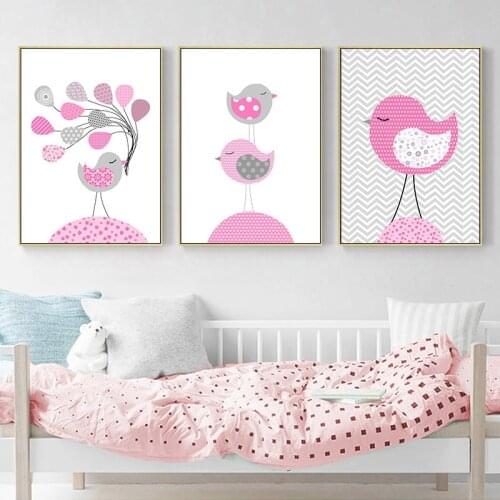 Pink Bird Baby Nursery Wall Art Canvas Painting Nordic Cartoon Posters Prints Nordic Kids Decoration Picture Girls Bedroom Decor