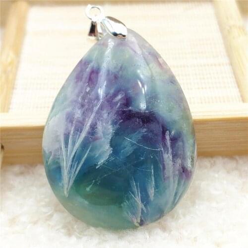 Natural Blue Feather Fluorite Quartz Colorful Pendant Women Men Water Drop 40x30x10mm Fluorite Necklace Jewelry AAAAA