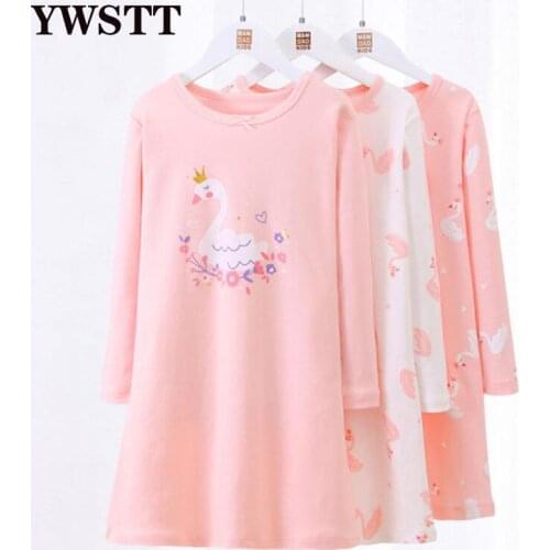 Girls Swan Nightdress Cotton Long-sleeved Spring Autumn Girl Home Service Dress Kids Baby Pajamas Nightdress Sleeping Dress