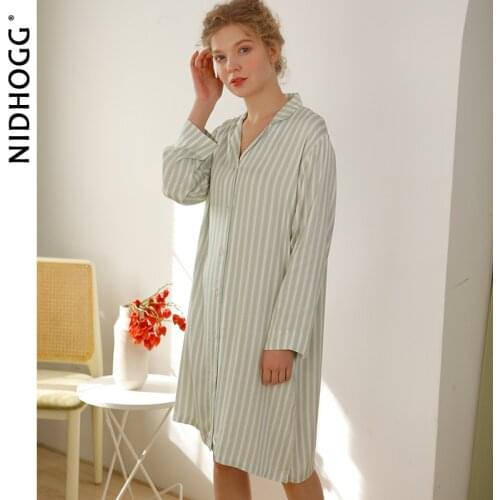 Spring Satin Nightgowns Long Sleeve Women Sleepwear Viscose Green Striped Sleepshirts Night Dress Sexy Sleep Tops Comfortable
