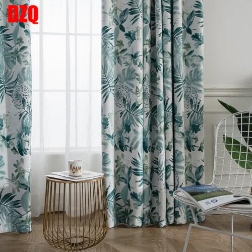 Nordic Linen Printing Curtains for Bedroom Thickened American Linen Shade Curtains for Living Room Green Leaves