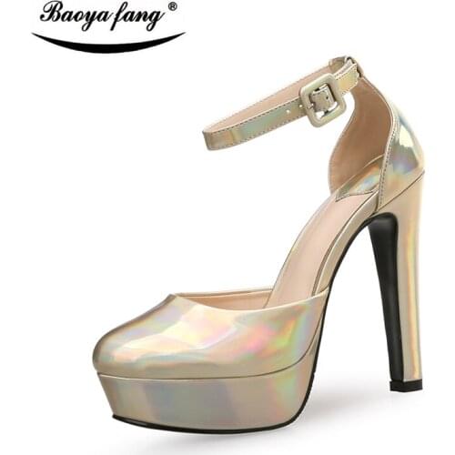 BaoYaFang New arrival gold/silver high heels platform shoes womens Party shoes Plus size 43 woman ankle strap shoes 12cm heel